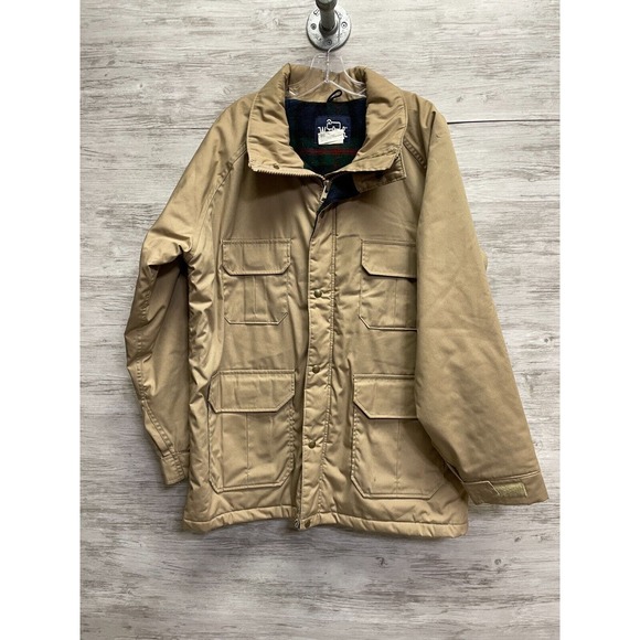 Vintage 90s Woolrich Mens Size Large Wool Lined Full Zip Parka Jacket Beige USA